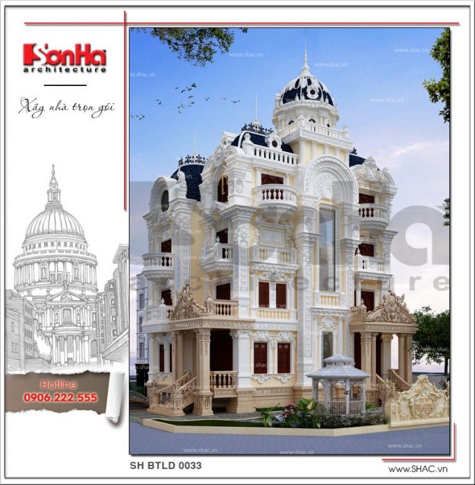 Phương án 1 thiết kế biệt thự tại Vĩnh Phúc thể hiện rõ nét đặc trưng nổi bật của kiểu kiến trúc lâu đài Pháp 