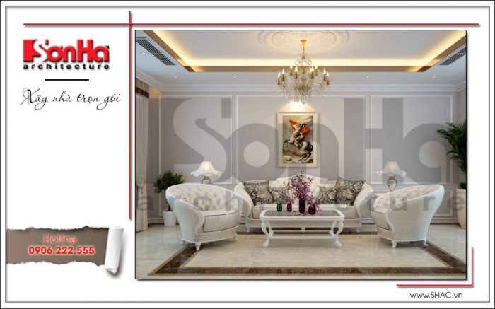 Thiết kế nội thất phòng khách kiểu pháp tiện nghi và lịch lãm với tone màu tươi sáng, đẹp mắt 