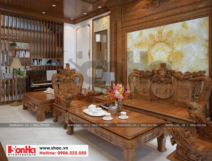 Không gian phòng khách kiểu cổ điển đẹp với nội thất gỗ tự nhiên 
