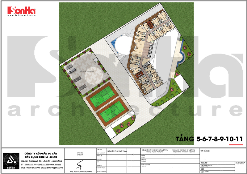 Các mẫu thiết kế khách sạn tiêu chuẩn 5 sao 2000m2 tại Quảng Ninh - SH KS 0055 43 Bản vẽ mặt bằng công năng tầng 5 đến 11 khách sạn 5 sao phong cách tân cổ điển