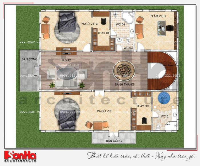 Mặt bằng công năng tầng 2 biệt thự lâu đài đẹp 3 tầng 239m2 tại Hải Phòng