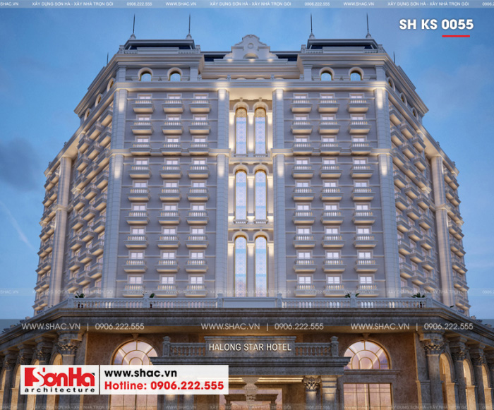 Các mẫu thiết kế khách sạn tiêu chuẩn 5 sao 2000m2 tại Quảng Ninh - SH KS 0055 35 Mặt tiền sang trọng của khách sạn đạt chuẩn 5 sao này