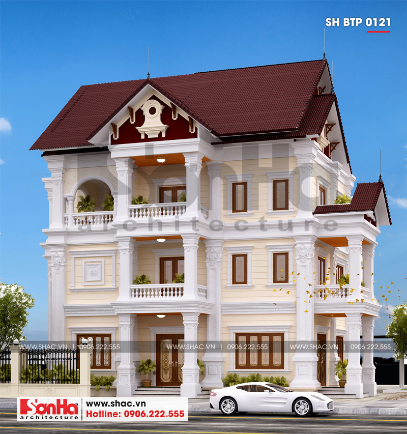 Mẫu thiết kế biệt thự Pháp có hồ bơi 2 mặt tiền