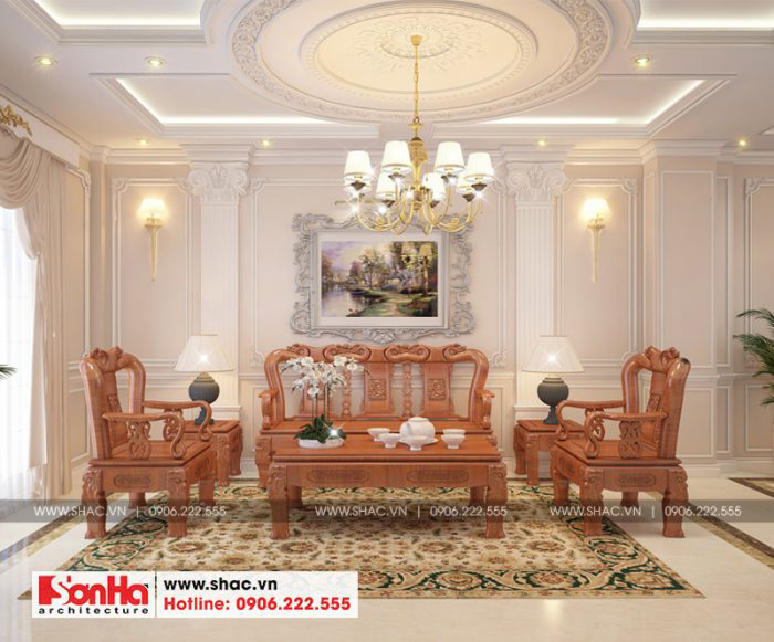 Mẫu thiết kế nội thất phòng khách cổ điển với nội thất gỗ tự nhiên cao cấp 