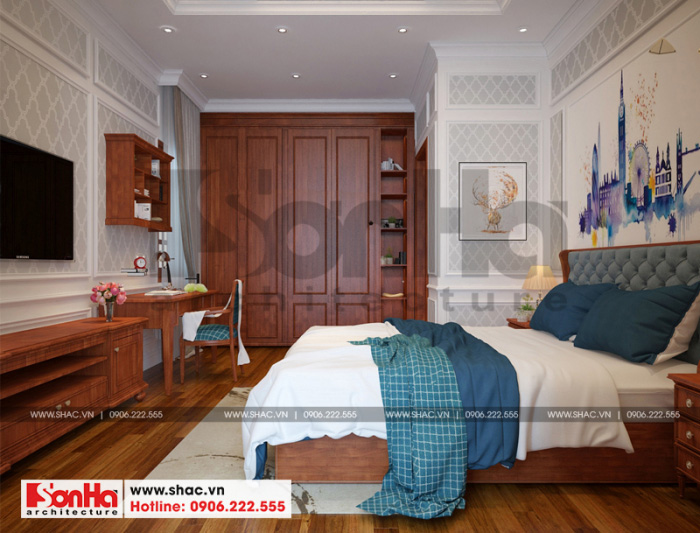 Thiết kế nội thất phòng ngủ sang trọng với đồ nội thất gỗ được bố trí đẹp mắt 