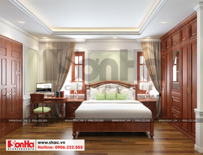 Thêm phương án thiết kế nội thất phòng ngủ nhà phố cổ điển đẹp với nội thất gỗ 