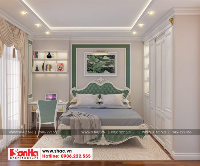 Mẫu phòng ngủ đẹp trang trí sơn màu xanh giản lược kiểu tân cổ điển 
