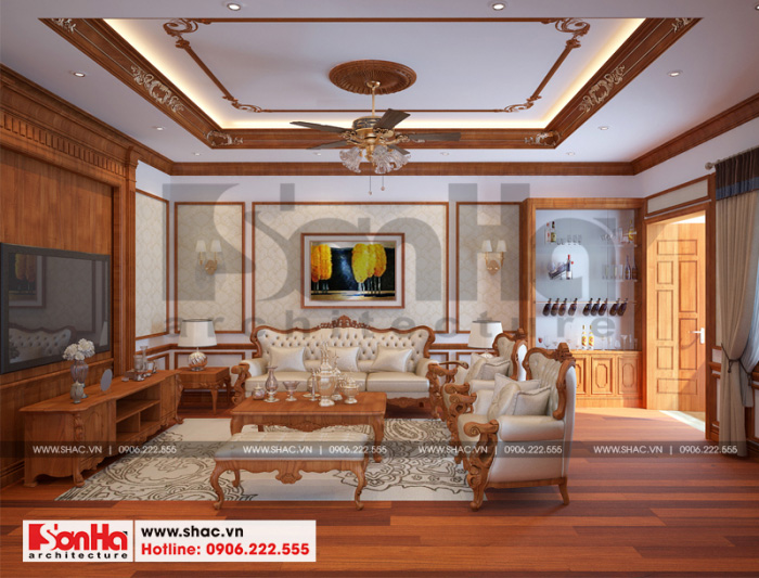 Thiết kế nội thất phòng khách nhà ống bán cổ điển đẹp 4 tầng tại Nam Định 