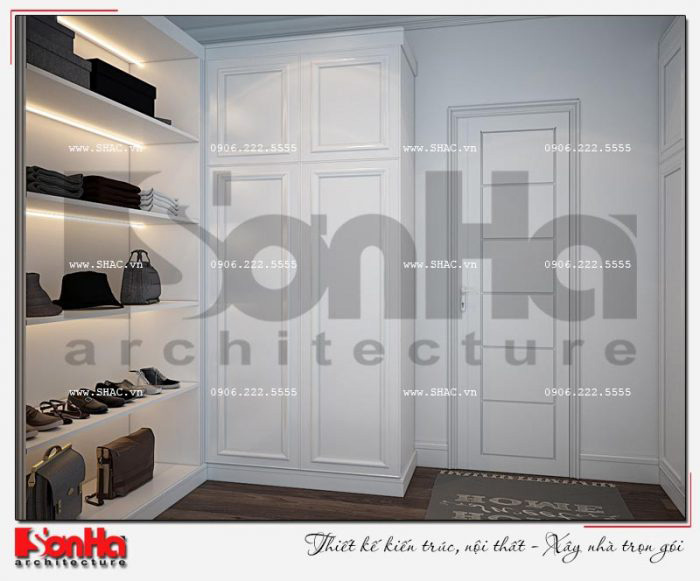 Phương án thiết kế nội thất khu thay đồ với vật liệu gỗ sơn trắng hợp thời và đẹp mắt 