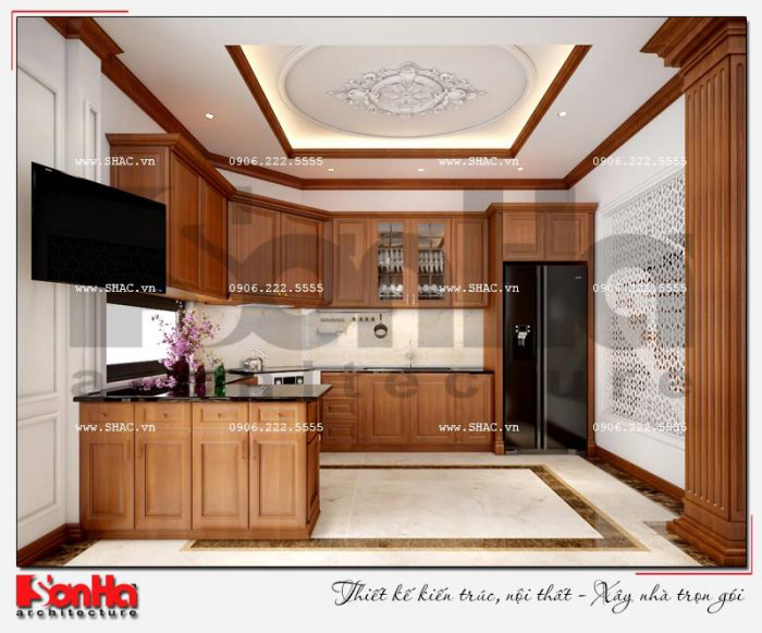 Thiết kế không gian phòng bếp được sử dụng chất liệu gỗ tự nhiên cao cấp 