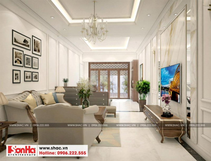 Mẫu nội thất phòng khách nhà ống cổ điển 4 tầng đẹp mắt tại Hà Nội 