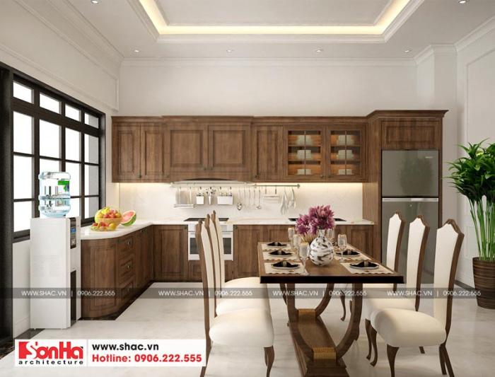 Thiết kế nội thất phòng bếp nhà ống kiến trúc Pháp đẹp với tủ bếp gỗ 