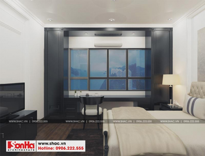 Thiết kế phòng ngủ với gam màu trắng chủ đạo và đồ nội thất gỗ 