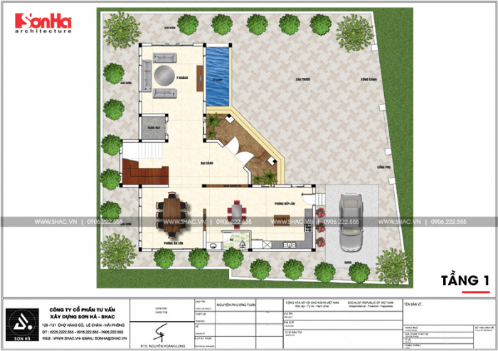 6 Mặt bằng công năng tầng 1 biệt thự hình chữ l tại hải phòng sh btp 0123