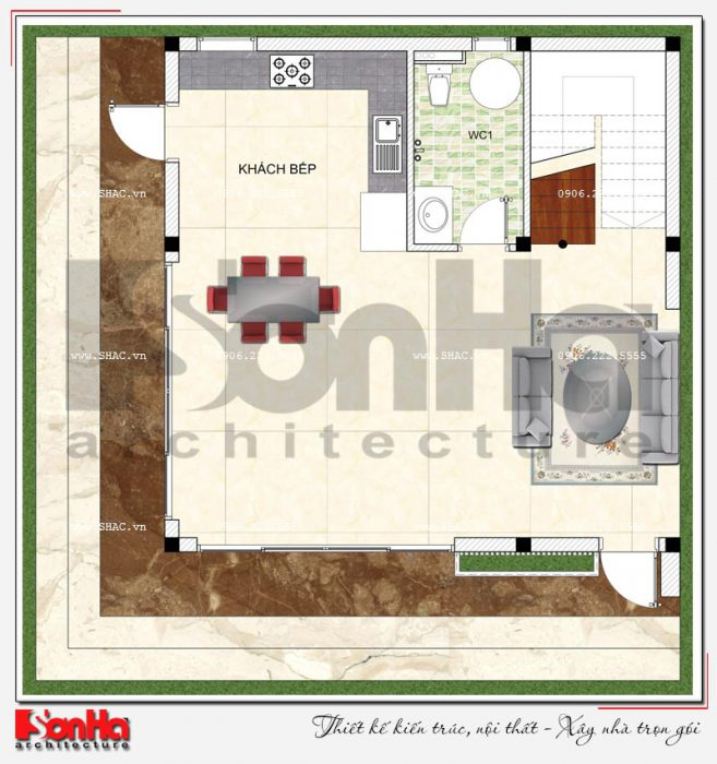 3 Mặt bằng công năng tầng 1 biệt thự hiện đại mini diện tích 64m2 tại hải phòng