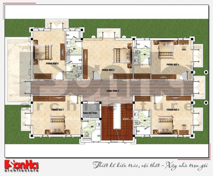 Mặt bằng công năng tầng 2 biệt thự 3 tầng tân cổ điển 2 mặt tiền tại Quảng Ninh