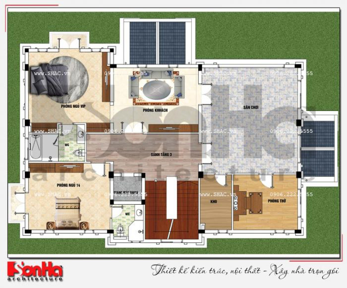 Mặt bằng công năng tầng 3 biệt thự 3 tầng tân cổ điển 2 mặt tiền tại Quảng Ninh