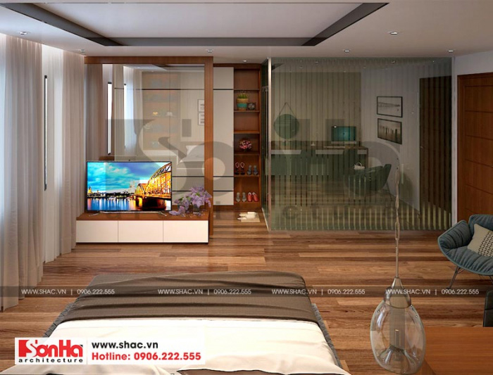Thiết kế nội thất phòng ngủ nhà ống sử dụng nội thất gỗ và sàn gỗ ấn tượng 