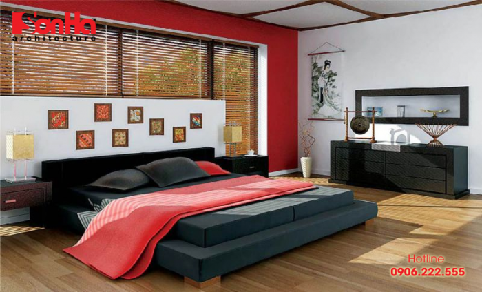 Gam màu đỏ tươi mới và sàn gỗ làm tôn thêm nét đẹp phòng ngủ hiện đại