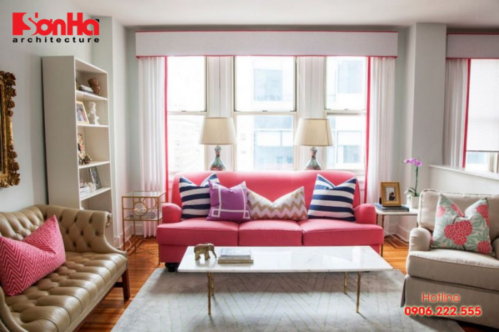 Mẫu phòng khách đẹp với thiết kế màu hồng đất rất được yêu thích