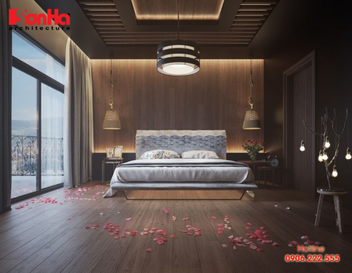 Mẫu phòng ngủ đẹp lãng mạn với gam màu trầm ấm thiết kế có chiều sâu 