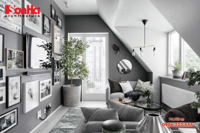 Mẫu thiết kế nội thất phòng khách áp dụng đồ họa hình học trong trang trí