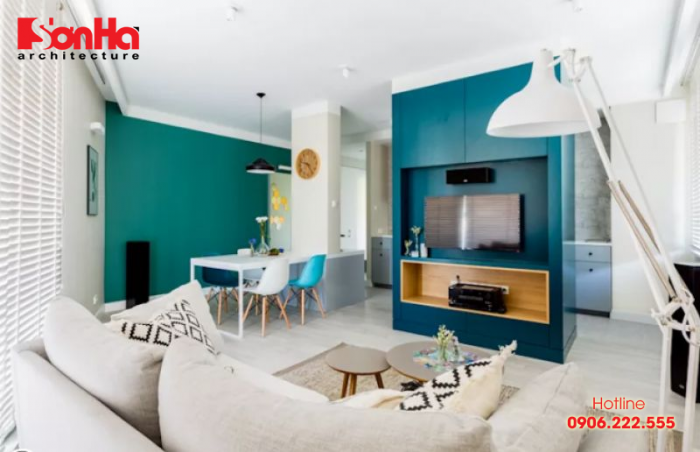 Mẫu thiết kế phòng khách đẹp thêm tinh tế với màu xanh lam ngọc