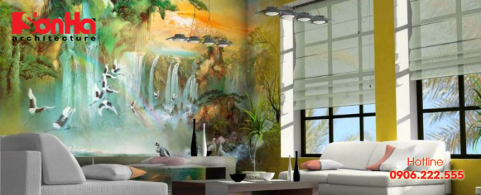 Mẫu thiết kế phòng khách đẹp với bức tranh vẽ tường đặc biệt và sắc nét