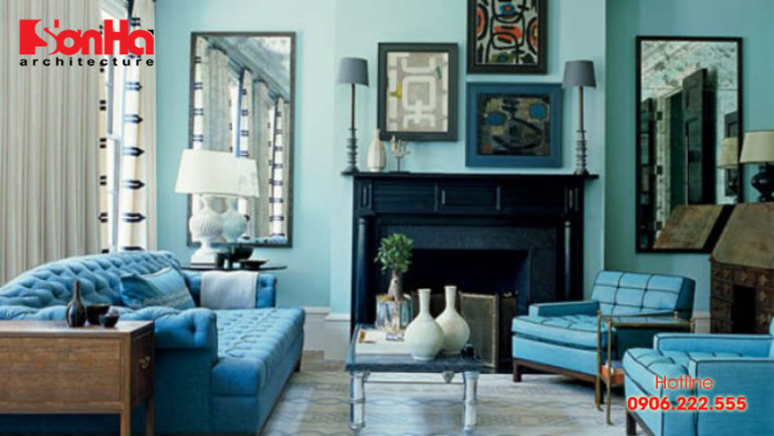Ví dụ của việc sử dụng màu xanh lam ngọc trong thiết kế phòng khách đẹp