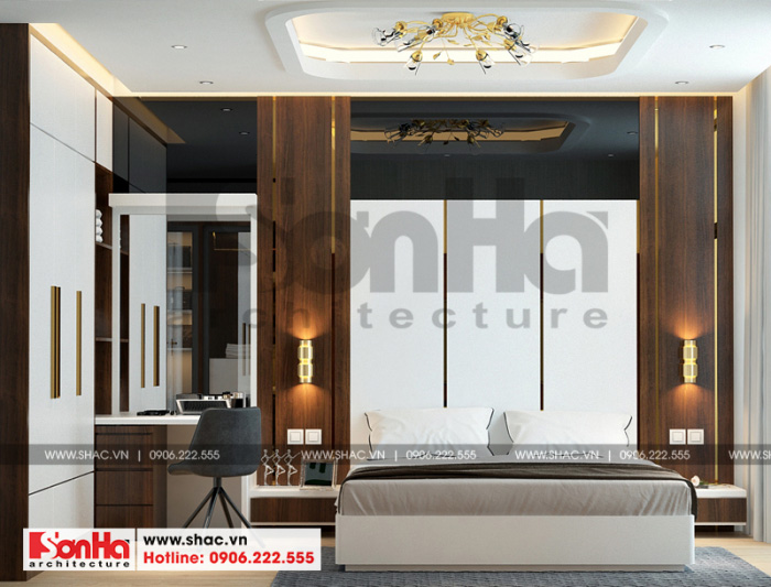 Thiết kế nội thất phòng ngủ master với  nội thất gỗ kiểu dáng gọn gàng, sang trọng 