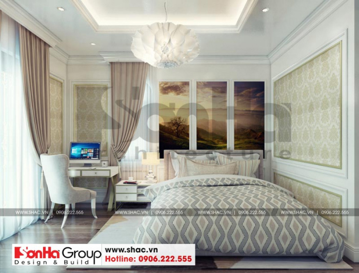 Phòng ngủ nhỏ với bàn làm việc bên cạnh