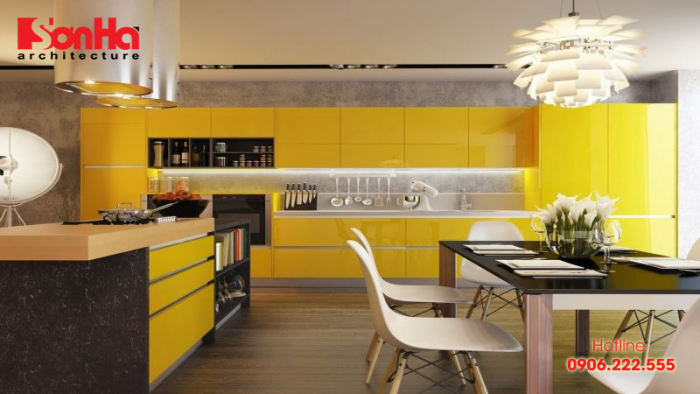 Cách thiết kế phòng bếp đẹp với gam màu vàng nghệ tây kết hợp màu sắc ấm áp