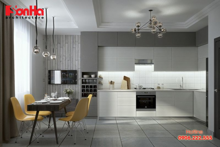 Một mẫu thiết kế phòng bếp đẹp đơn giản với tone màu tối và xám