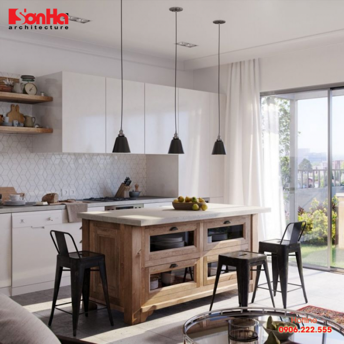 Nhà bếp đơn giản nhưng được thiết kế đẹp mắt nhờ kết hợp các vật dụng linh hoạt