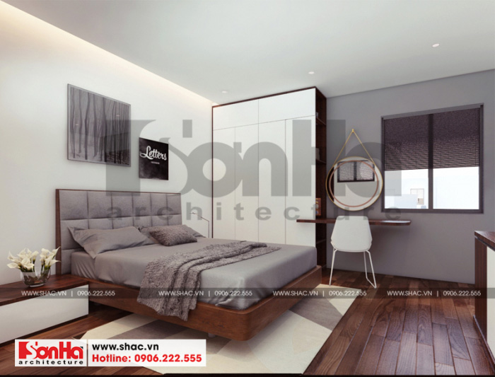 Cách trang trí phòng ngủ hiện đại với sàn gỗ và màu sắc chủ đạo là nâu và trắng 