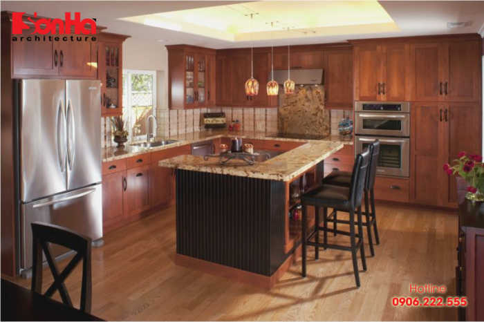 Chất liệu gỗ được sử dụng phổ biến trong không gian bếp phong cách này 