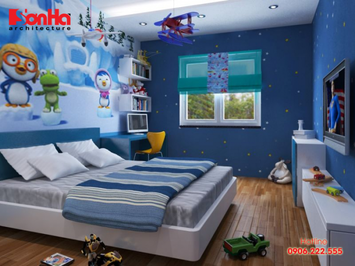 Không gian phòng ngủ be strai sống động với nhân vật hoạt hình và đồ chơi yêu thích 