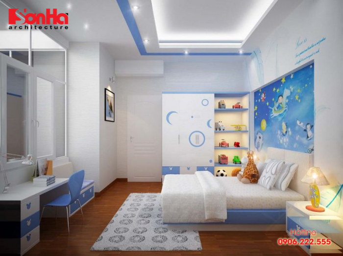 Mẫu thiết kế phòng ngủ bé trai đẹp mắt với sự kết hợp gam màu trắng xanh 