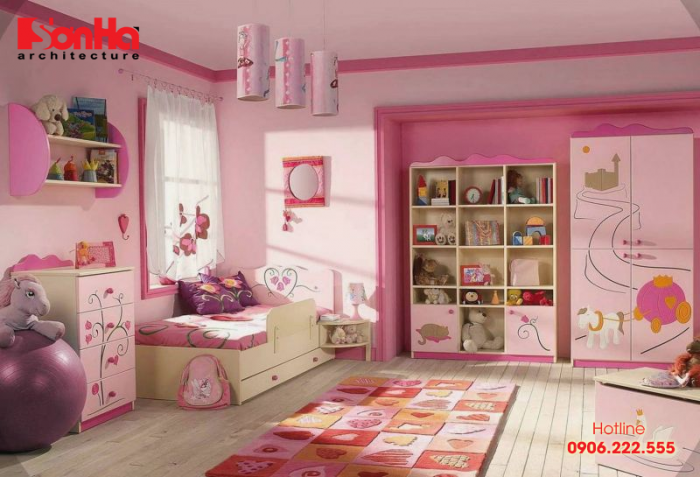 Phòng ngủ hiện đại dành cho bé gái được thiết kế dựa trên tông màu hồng