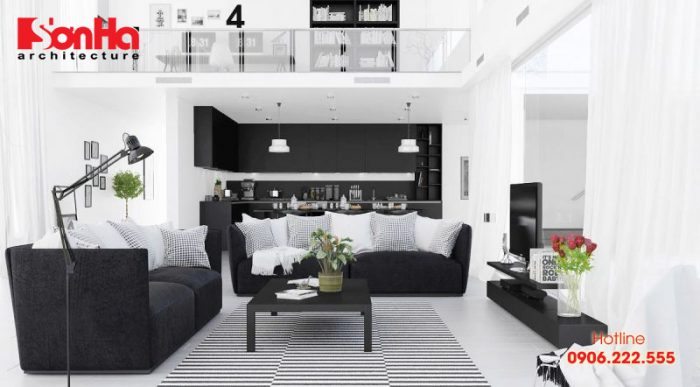 Thiết kế phòng khách hiện đại với tone màu trắng đen phong thủy tuổi Tân Hợi 