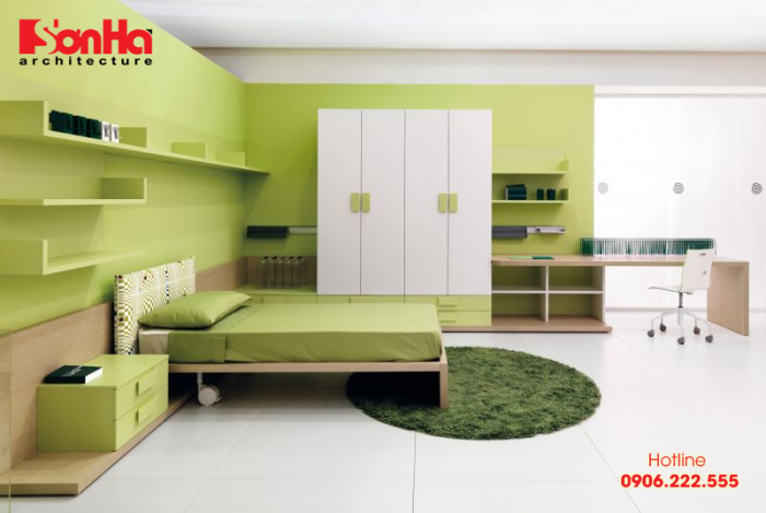 Trang trí nội thất phòng ngủ hiện đại với màu xanh lá cây cho tuổi Ất Hợi 