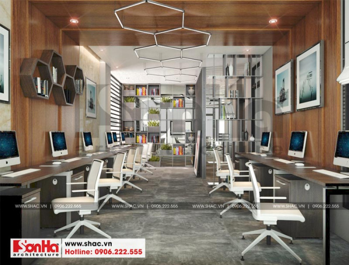 Thiết kế phòng làm việc chung với nội thất gỗ trong không gian nhà văn phòng 