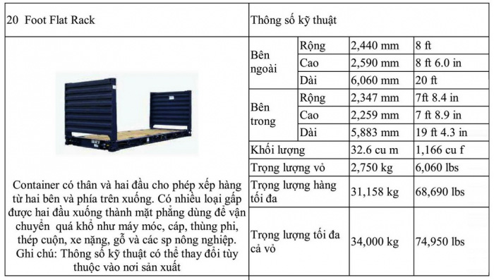 4 kich thuoc container 20 foot flat rack