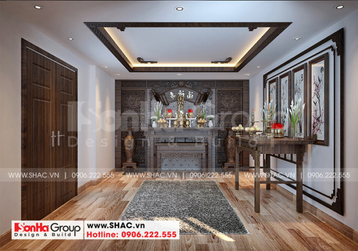 Thiết kế nội thất biệt thự có tầng hầm tại Waterfont City 57 Thiết kế nội thất phòng thờ linh thiêng sử dụng chủ yếu vật liệu gỗ
