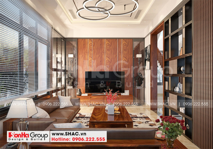 Thiết kế nội thất biệt thự có tầng hầm tại Waterfont City 45 Thiết kế nội thất phòng khách hiện đại sang trọng với đồ nội thất gỗ