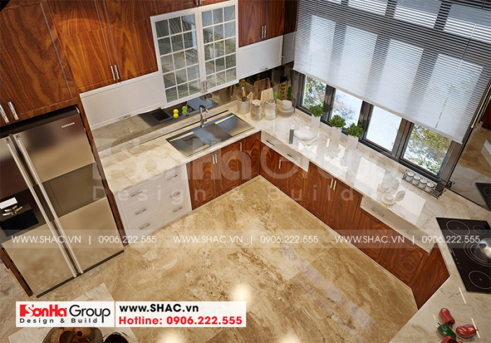 Thiết kế nội thất biệt thự có tầng hầm tại Waterfont City 48 Tủ bếp gỗ chữ L được bố trí đẹp mắt trong không gian phòng bếp ăn