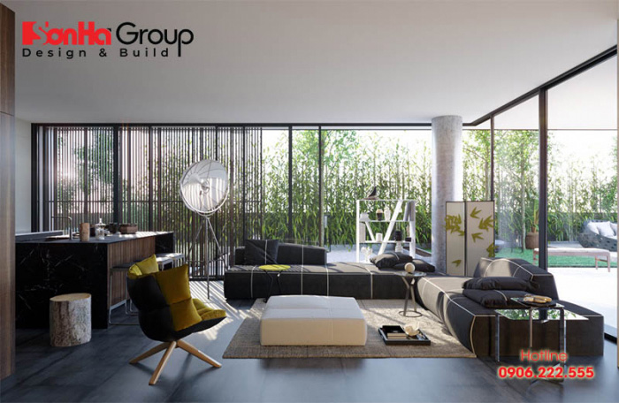 thiết kế nội thất phòng khách rộng mang hơi hướng mở gần gũi với thiên nhiên