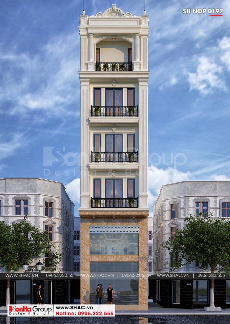 Phối cảnh tổng thể kiến trúc mẫu thiết kế nhà ống 6 tầng kết hợp kinh doanh kiểu tân cổ điển mặt tiền 5m1 sang trọng tại Q. Lê Chân - Hải Phòng 