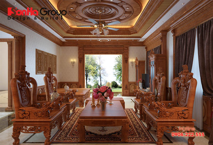 Chất liệu gỗ luôn là sự yêu thích lựa chọn trong thiết kế nội thất phòng khách đặc biệt là trong không gian sống của biệt thự 