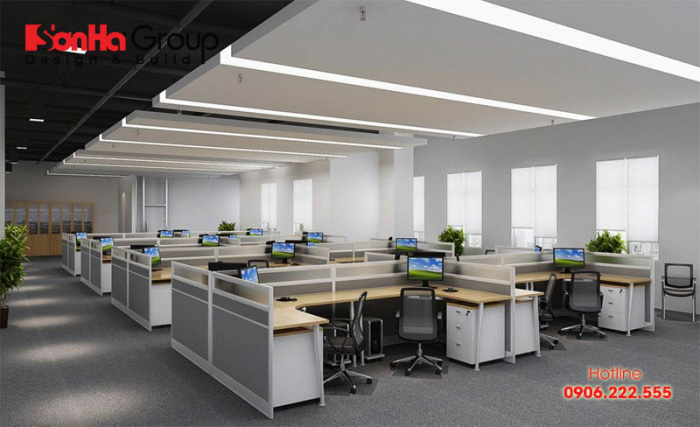 Mẫu nội thất văn phòng làm việc hiện đại đẹp và trang trọng dành cho nhân viên và quản lý bố trí khoa học trên diện tích sàn 60m2 